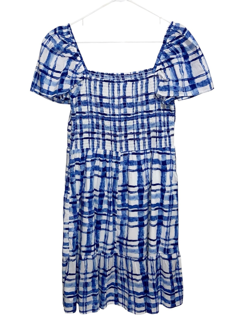 Gap Dress Womens Large Blue Plaid Square Neck Smocked Cottagecore Coastal Preppy